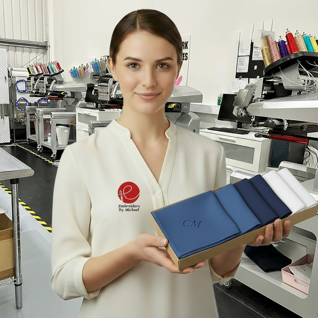 Handkerchiefs: Personalised Embroidered Name or Initials, Gift Box Set of 6 Cotton Hankies.