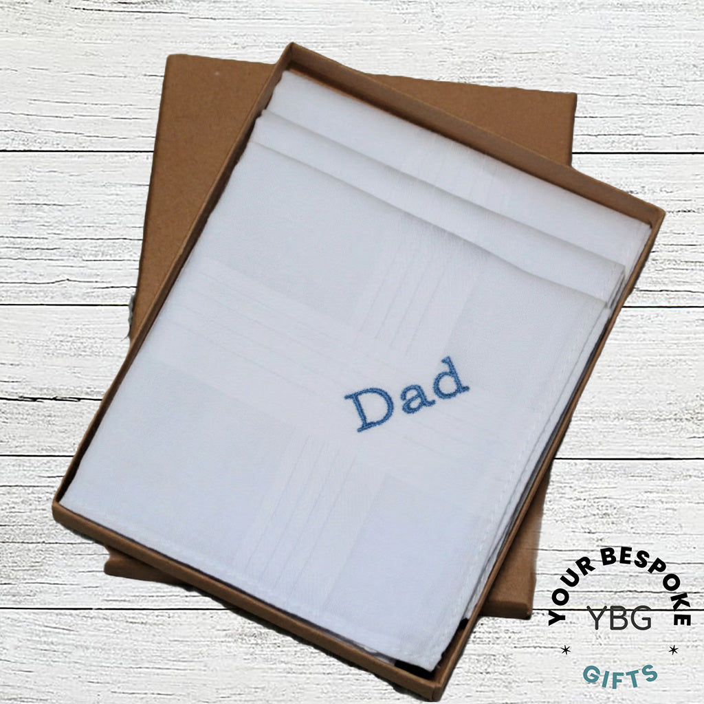 Three Mens Handkerchiefs: Personalised Embroidered Name or Initials, Gift Box Set of 3 Cotton Hankies