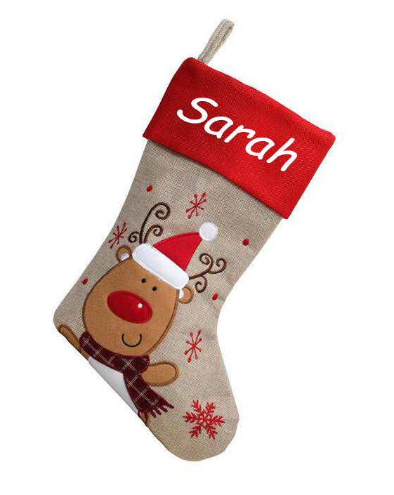 Personalised embroidered Hessian Reindeer Stocking