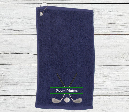 Personalised Golf Towel embroidered with golf clubs and Name