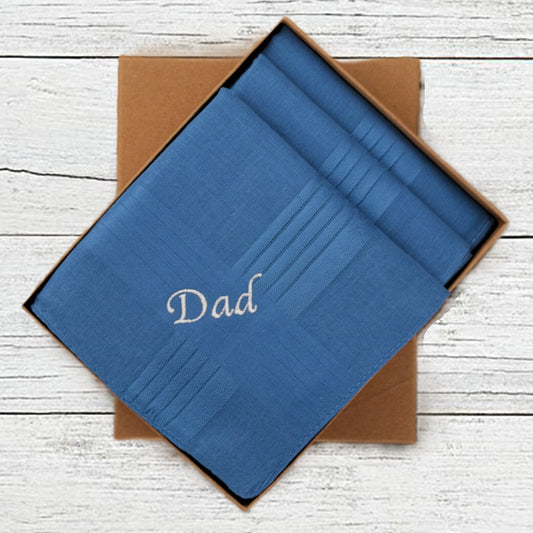 Three Mens Handkerchiefs: Personalised Embroidered Name or Initials, Gift Box Set of 3 Cotton Hankies, His Birthday Gift