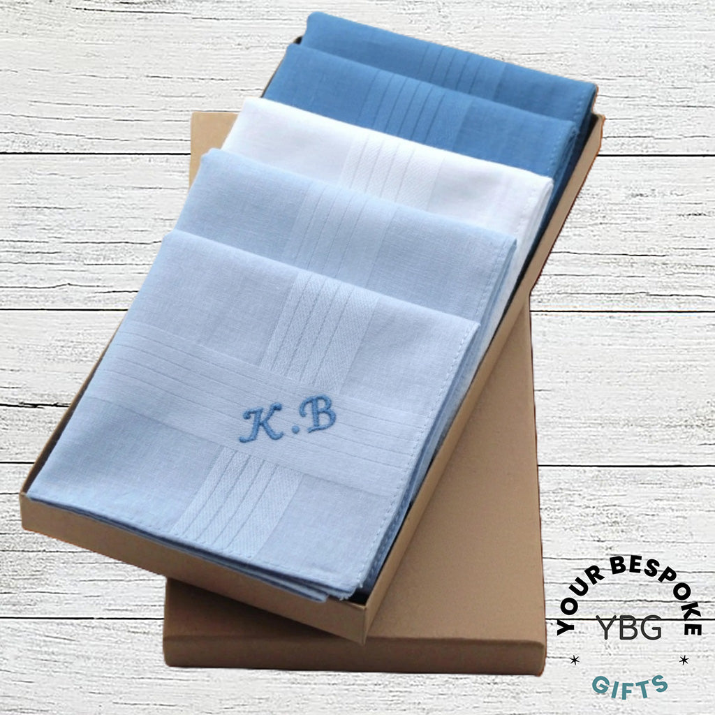 Handkerchiefs: Personalised Embroidered Name or Initials, Gift Box Set of 5 Cotton Hankies.