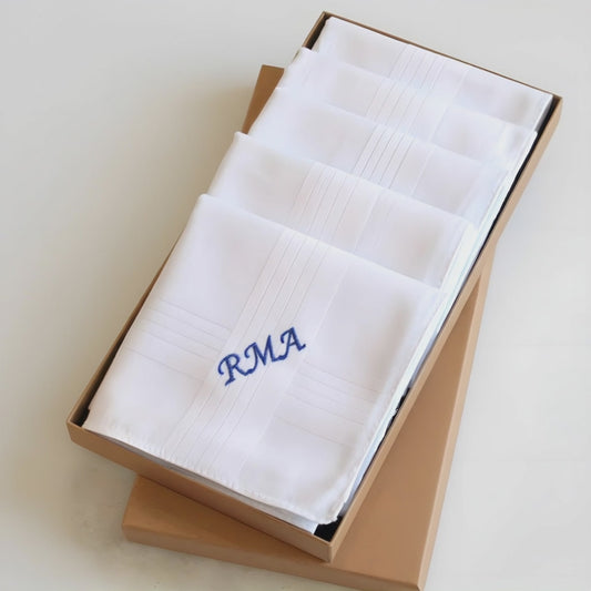 Five Mens Handkerchiefs: Personalised Embroidered Name or Initials, Gift Box Set of 5 Cotton Hankies, His Birthday Gift